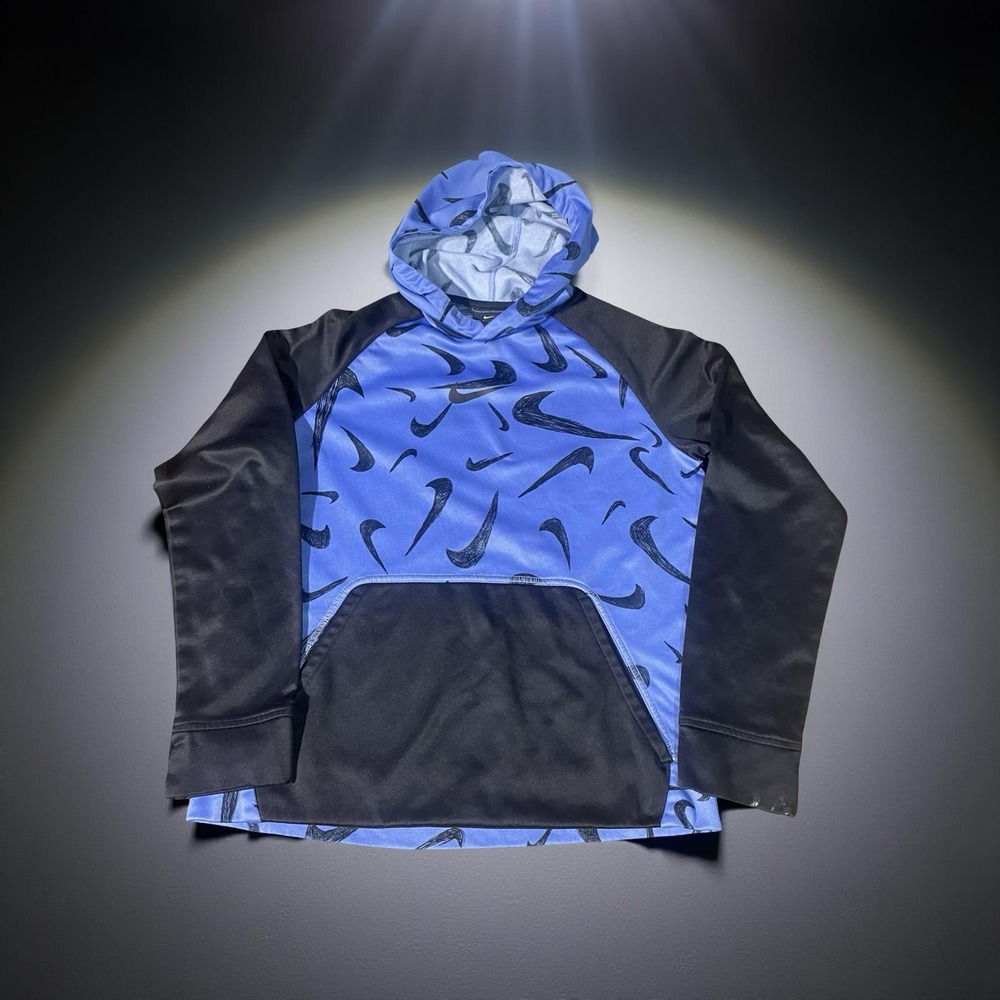 Nike Dri Fit All Over Swoosh Print Hoodie Kids‎ Sz L Blue Black Pullover Casual
